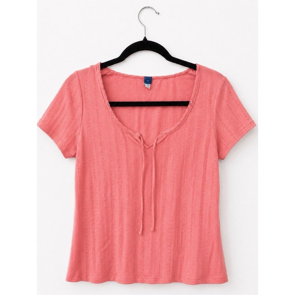 Old Navy Coral Ribbed Tie-Front Top | Coquette Cottagecore Baby Tee Size Medium